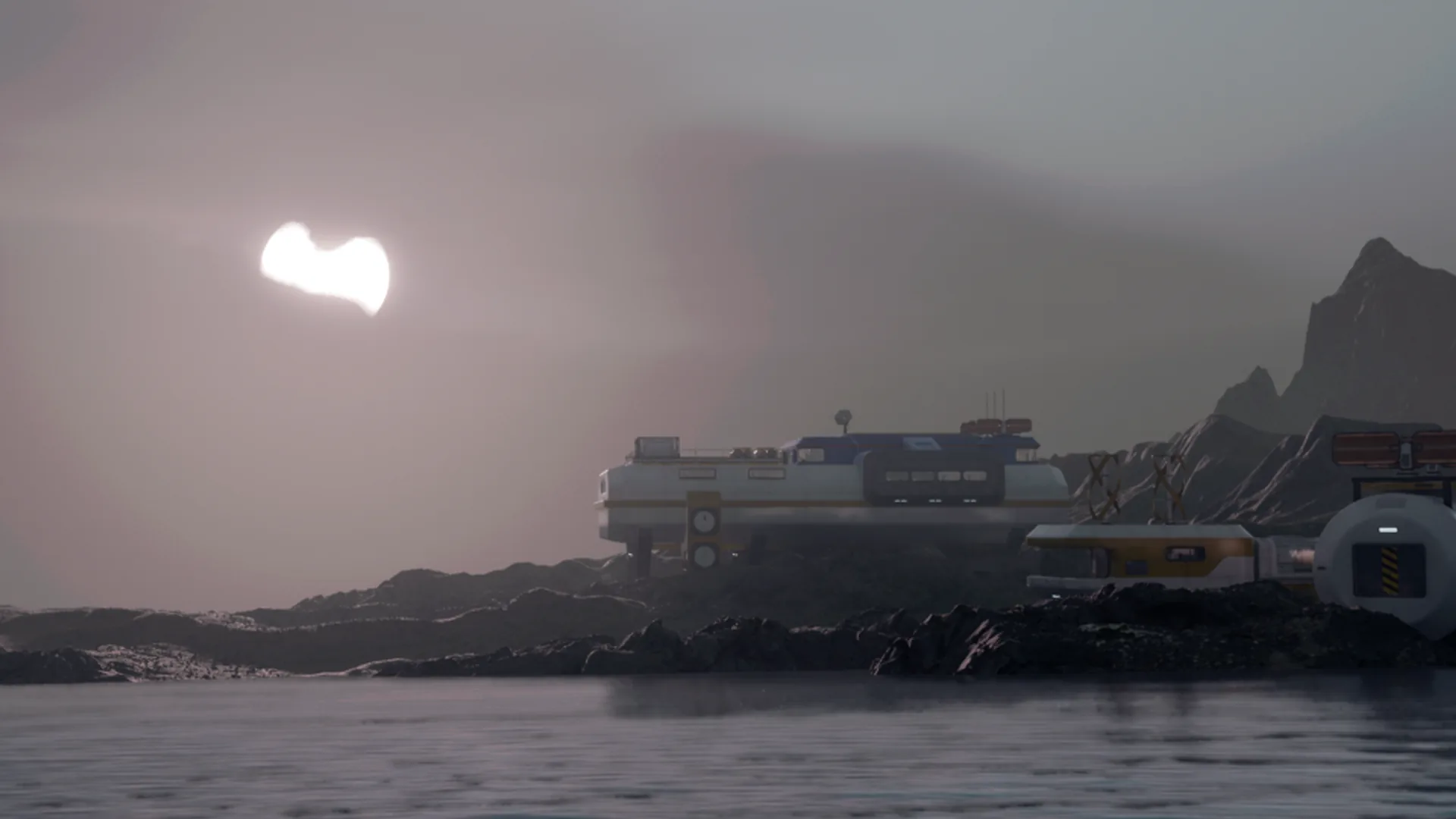 Sci-fi research outpost on a misty rocky coastline, real-time 3D environment by Neolapse Creative