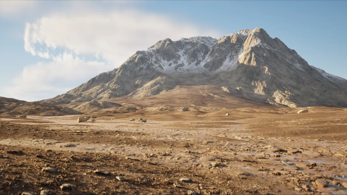Snow-capped mountain over a desert plain, real-time 3D landscape by Neolapse Creative