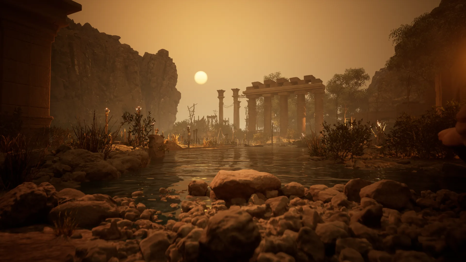 Ancient temple ruins by still water at golden hour, real-time 3D environment by Neolapse Creative