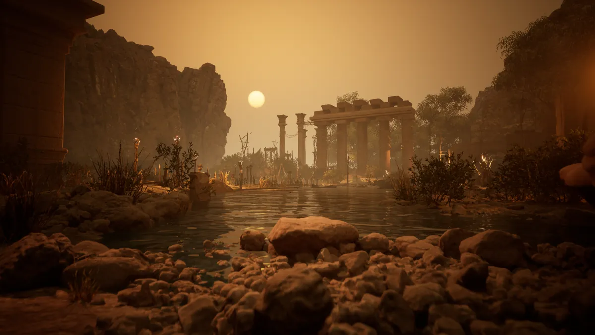 Ancient temple ruins by still water at golden hour, real-time 3D environment by Neolapse Creative